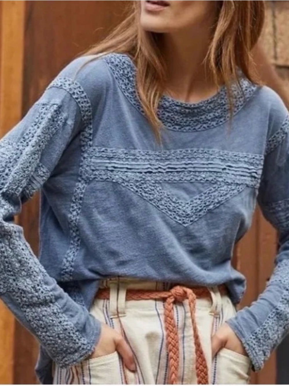 Free People - Boy Meets Girl In Pacific Coast Crochet Accent Blue Lace Blouse M